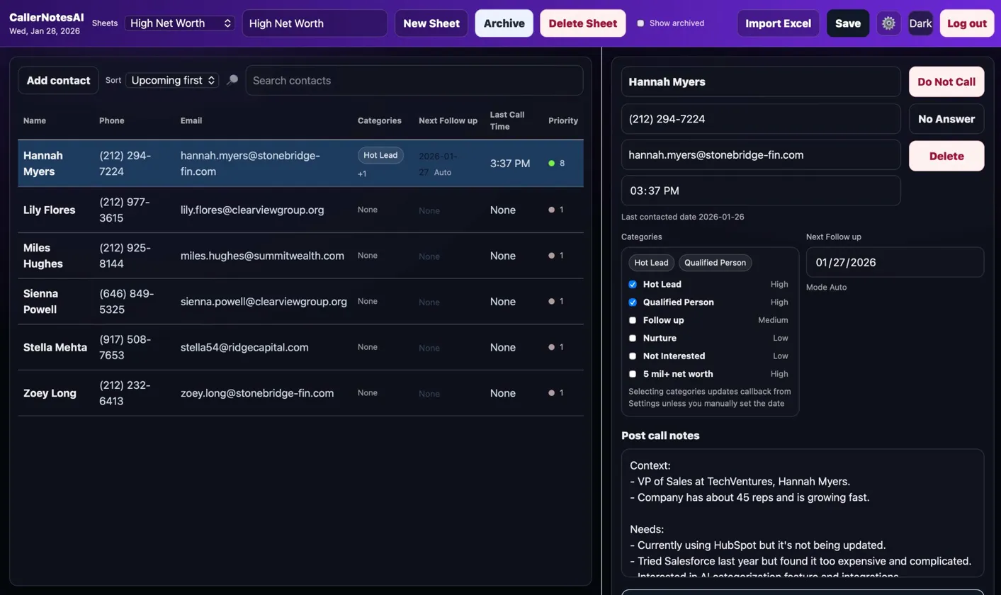 CallerNotesAI Dashboard